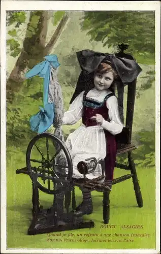 Ak Rouet Alsacien, Portrait eines Mädchens in Elsässer Tracht, Spinnrad