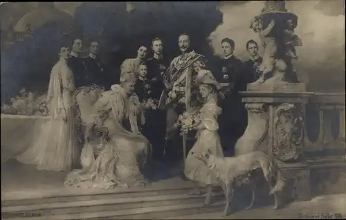 Foto Ak Keller, Ferdinand, Kaiser Wilhelm II. von Preußen mit Familie, Windhund,Deutsches Kaiserhaus