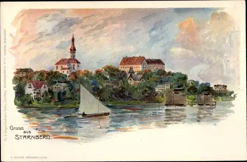 Litho Starnberg in Oberbayern, Gesamtansicht, Seepartie, Segelboot