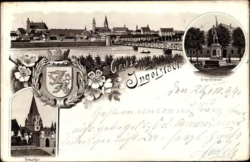 Wappen Litho Ingolstadt an der Donau Oberbayern, Kriegerdenkmal, Totalansicht, Kreuztor