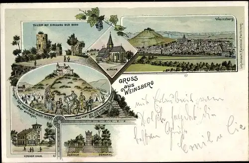 Litho Weinsberg im Kreis Heilbronn, Burg Weibertreu, Kerner Haus, Kerner Denkmal