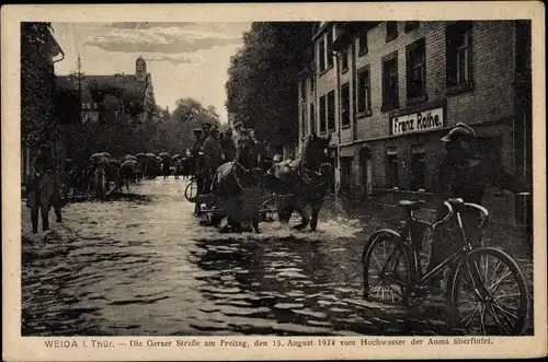 Ak Weida in Thüringen, Geraer Straße, Hochwasser 1924, Geschäftshaus Franz Rothe