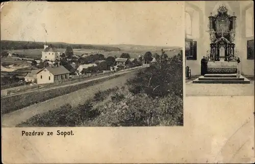 Ak Sopoty Sopot bei Chotěboř Chotieborsch Region Hochland, Blick auf den Ort, Kirche, Innenansicht