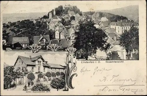 Jugendstil Ak Lindenfels im Odenwald Hessen, Gesamtansicht der Ortschaft, Hotel Darmstädter Hof