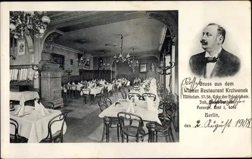 Ak Berlin Mitte, Wiener Restaurant Krziwanek, Mittelstraße 57, Innenansicht, Portrait vom Inhaber