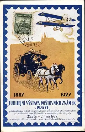 Briefmarken Ak Praha Prag, Jubilejni Vystava Postovnich Znamek 1927, Postkutsche, Flugzeug