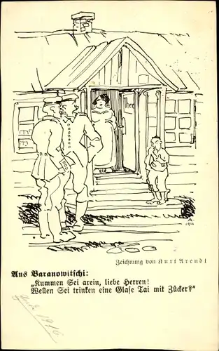 Künstler Ak Arendt, Kurt, Baranawitschy Baranowitschi Weißrussland, Soldaten, Bauernhaus, I WK