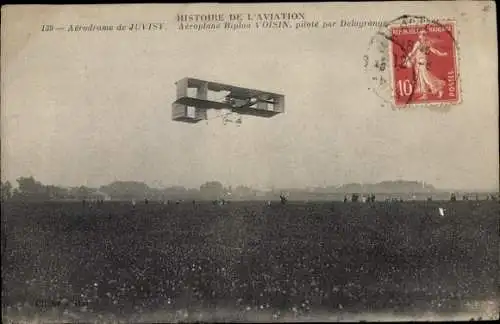 Ak Aérodrome de Juvisy, Aéroplane Biplan Voisin, piloté par Delagrange, Flugpioniere
