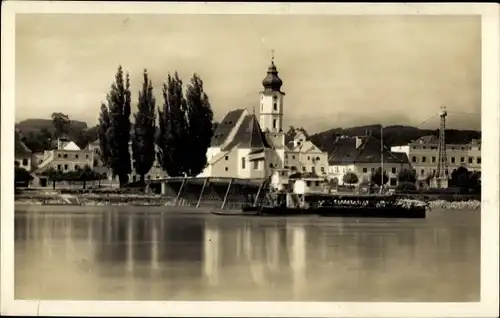 Ak Aschach an der Donau Oberösterreich, Partie an der Donau, Kirche, Dampfer