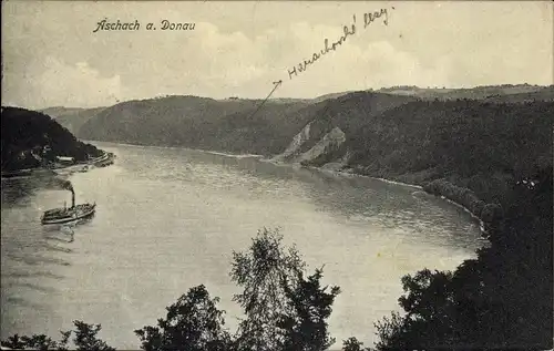 Ak Aschach an der Donau Oberösterreich, Partie an der Donau, Salondampfer