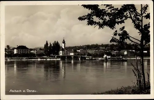 Ak Aschach an der Donau Oberösterreich, Donaupartie, Brücke, Schiff