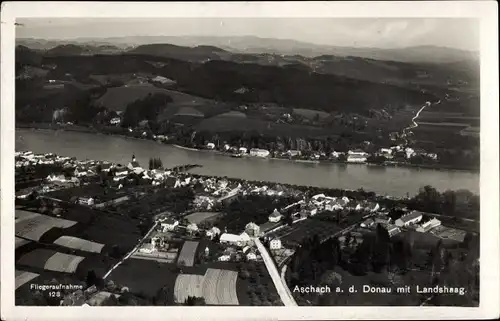 Ak Aschach Donau Oberösterreich, Blick auf Ort mit Landshaag, Fliegeraufnahme