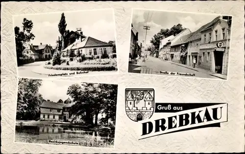 Ak Drebkau in der Niederlausitz, Straße der Freundschaft, Bezirksjugendschule, Wappen