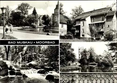 Ak Bad Muskau in der Oberlausitz, Moorbad, Blick von der Brücke auf das Schloß, Bach, Wegpartie