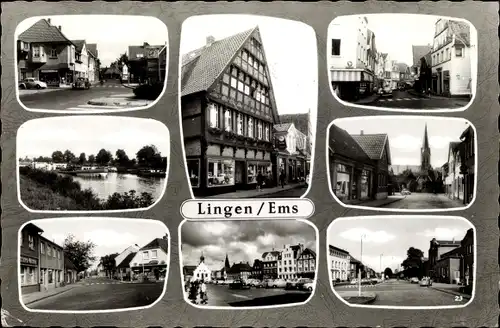 Ak Lingen im Emsland, Strassenansichten, Markt, Kirche, Flusspartie