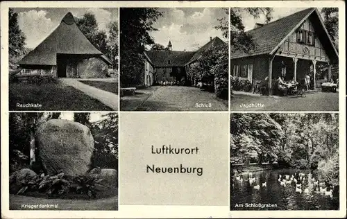 Ak Neuenburg Zetel in Friesland, Schloss, Rauchkate, Jagdhütte, Kriegerdenkmal, Schlossgraben