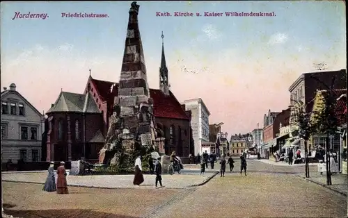 Ak Norderney, Blick in die Friedrichstraße, Katholische Kirche, Denkmal
