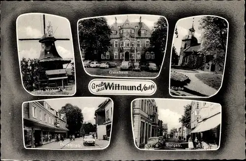Ak Wittmund in Ostfriesland, Windmühle, Kreishaus, Kirche, Straßenansichten