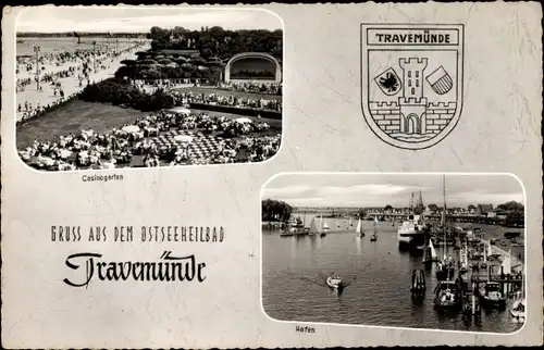 Ak Travemünde Lübeck, Casinogarten, Hafen, Wappen