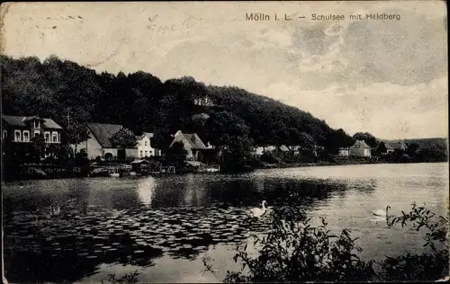 Ak Mölln im Herzogtum Lauenburg, Schulsee mit Heidberg