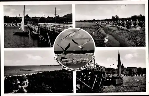 Ak Ostseebad Timmendorfer Strand, Möwen im Flug, Strandpartie, Seebrücke