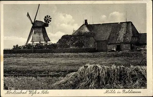 Ak Boldixum Wyk auf Föhr Nordfriesland, Windmühle, Reetdachhaus