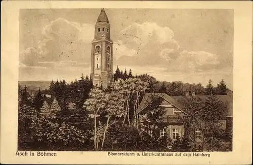 Ak Aš Asch Region Karlsbad, Bismarckturm und Unterkunftshaus auf dem Hainberg