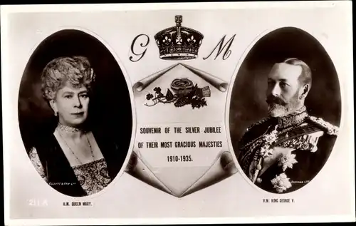 Passepartout Ak Silver Jubilee 1935, King George V, Queen Mary, Portrait, Uniform, Orden