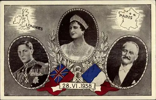 Künstler Ak König Georg VI. von England, King George VI., Elizabeth Bowes Lyon, Albert Lebrun, 1938
