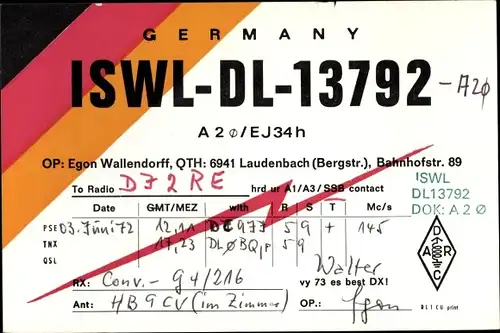 Ak QSL Karte, Funkerkarte, ISWL DL 13792, Egon Wallendorff, Laudenbach