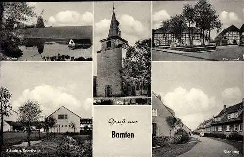 Ak Barnten Nordstemmen in Niedersachsen, Kirche, Ehrenmal, Windmühle, Schule, Siedlung