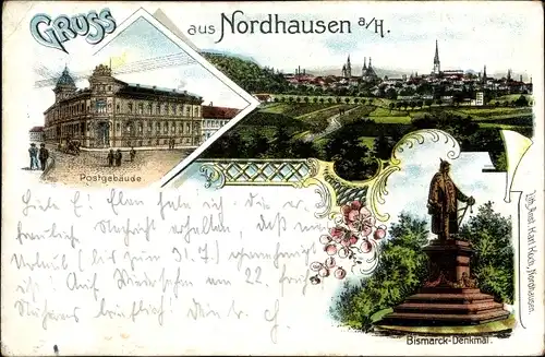 Litho Nordhausen am Harz, Postgebäude, Bismarck Denkmal, Blick auf den Ort