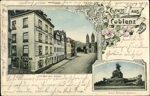Ak Koblenz am Rhein, Gasthaus zum Karpfen, Kaiser Wilhelm Denkmal