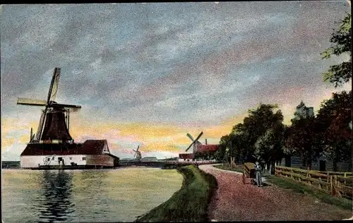 Ak Zaandam Zaanstad Nordholland, Ortspartie mit Windmühlen