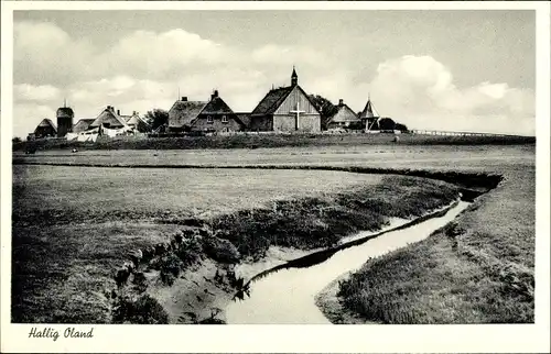 Ak Hallig Oland Nordfriesland, Blick auf den Ort, Fluss