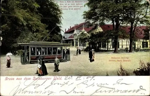 Ak Duisburg im Ruhrgebiet, Straßenbahn, Rastauration Monning m. Gedicht