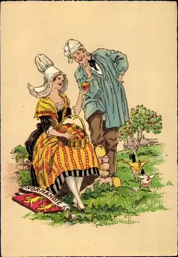 Künstler Ak Normandie, Paar in Trachten, Äpfel