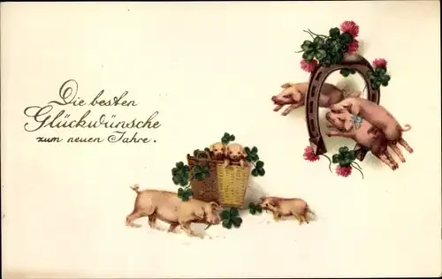 Ak Glückwunsch Neujahr, Schweine, Kleeblätter, Hufeisen