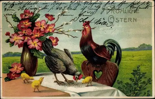 Ak Glückwunsch Ostern, Hahn, Henne, Küken, Vase mit Weidenkätzchen