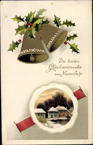 Präge Ak Glückwunsch Neujahr, Glocken, verschneite Häuser