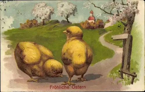 Ak Glückwunsch Ostern, Zwei Küken, Frühlingslandschaft