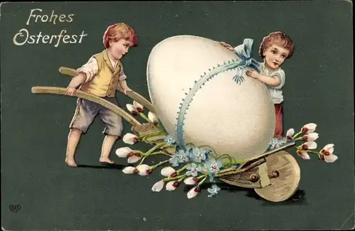 Litho Glückwunsch Ostern, Kinder mit großem Osterei, Handkarren