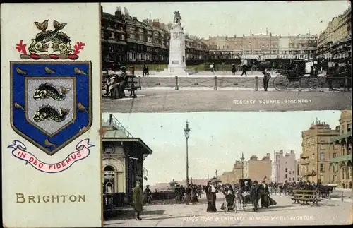 Wappen Ak Brighton East Sussex England, Regency Square, King's Road and Entrance to West Pier