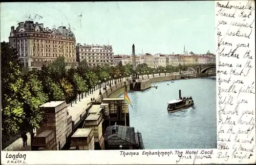 Ak London City England, Thames Embankment, The Hotel Cecil