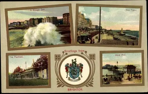 Wappen Ak Brighton East Sussex England, Sea Front, A Rough Sea, The Pavilion