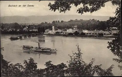 Ak Aschach an der Donau Oberösterreich, Donaupartie, Salondampfer, Blick auf den Ort