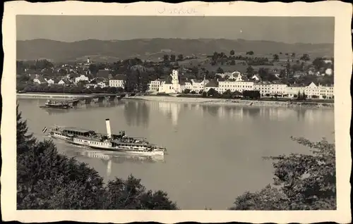 Foto Ak Aschach an der Donau Oberösterreich, Donaupartie, Salondampfer, Blick auf den Ort