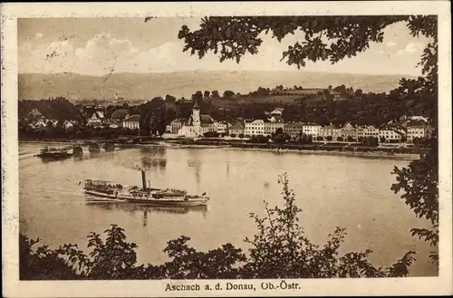 Ak Aschach an der Donau Oberösterreich, Donaupartie, Salondampfer, Blick auf den Ort