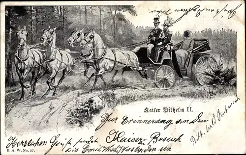 Künstler Ak Kaiser Wilhelm II. von Preußen in einer Kutsche