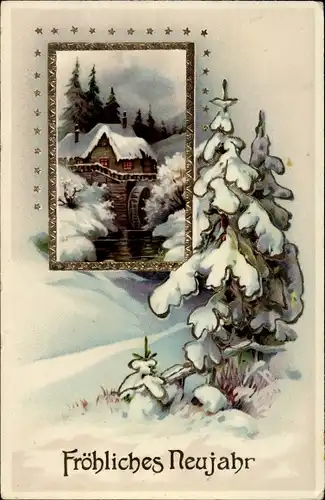 Präge Litho Glückwunsch Neujahr, Wassermühle, Winterlandschaft
